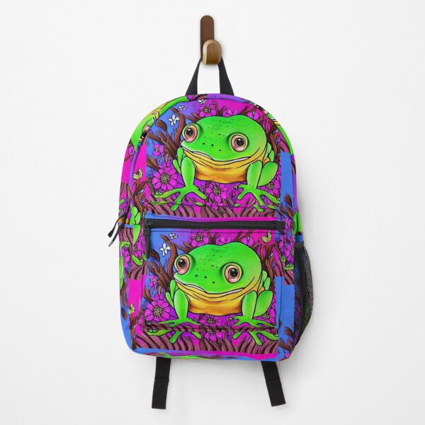 Item preview, Ribbit -- Happy colorful frog with flowers and butterflies on purple background designed and sold by MagicStrawberry.