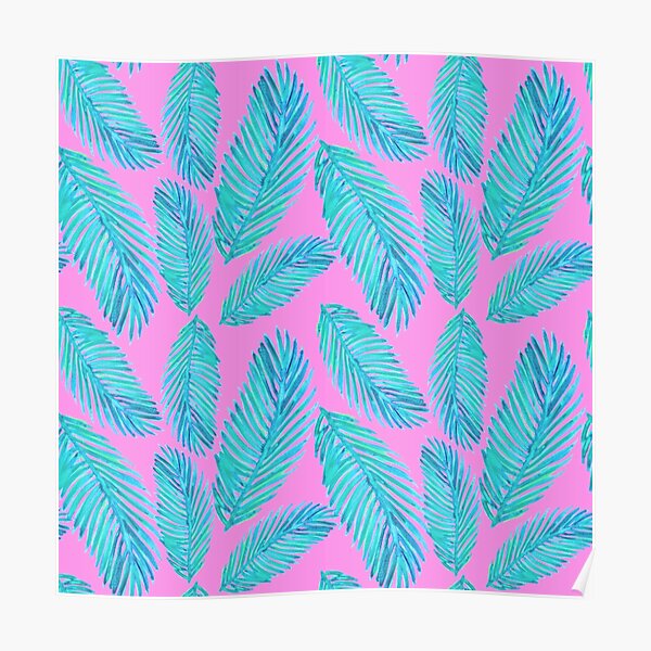 Tropical Palm Leaf Pattern Pink and Blue Poster