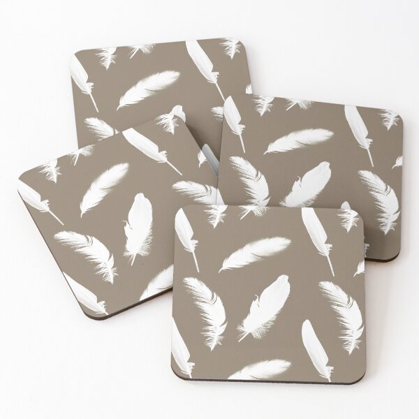 Item preview, White feather print on taupe  designed and sold by Marymarice.