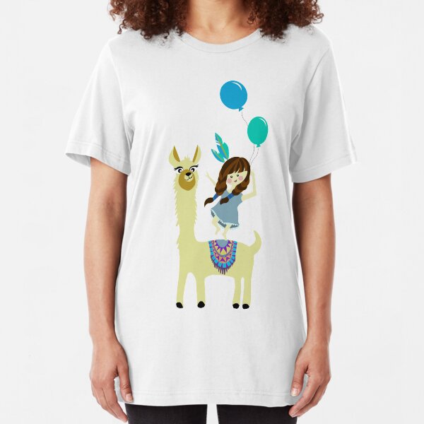 verrücktes Alpaka und Mädchen mit Luftballons Slim Fit T-Shirt