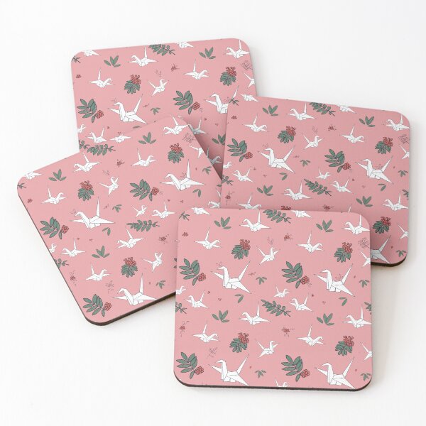 Item preview, Origami Crane with Leaves and Rowan Branches and Berries Seamless Rose Pink Pattern designed and sold by marie-inks.