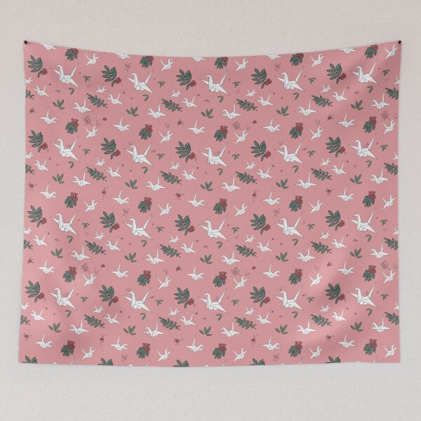 Item preview, Origami Crane with Leaves and Rowan Branches and Berries Seamless Rose Pink Pattern designed and sold by marie-inks.