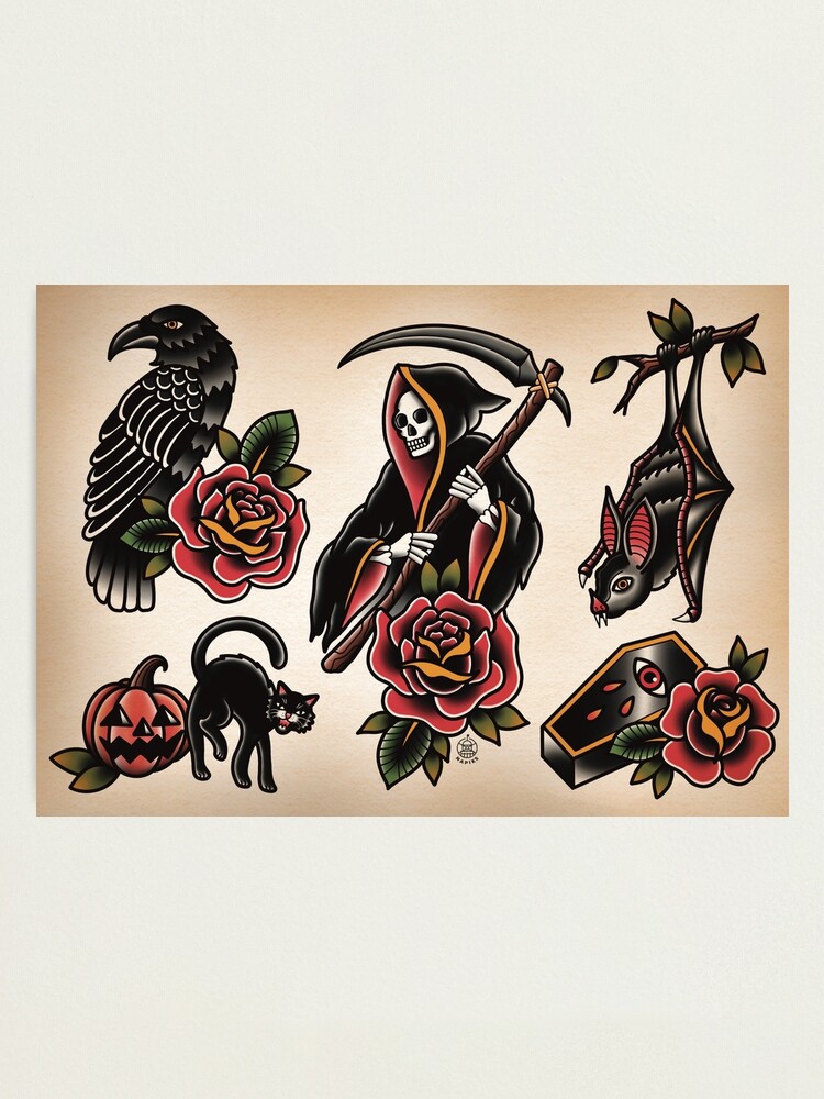 Feline Spooky Black Cat Rose Vintage Halloween Cute Traditional Flash Tattoo  Art Print by Ella Mobbs | Society6