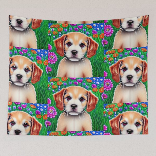 Item preview, Beautiful Puppy Oil Painting with flowers in background designed and sold by ManifestoDesign.