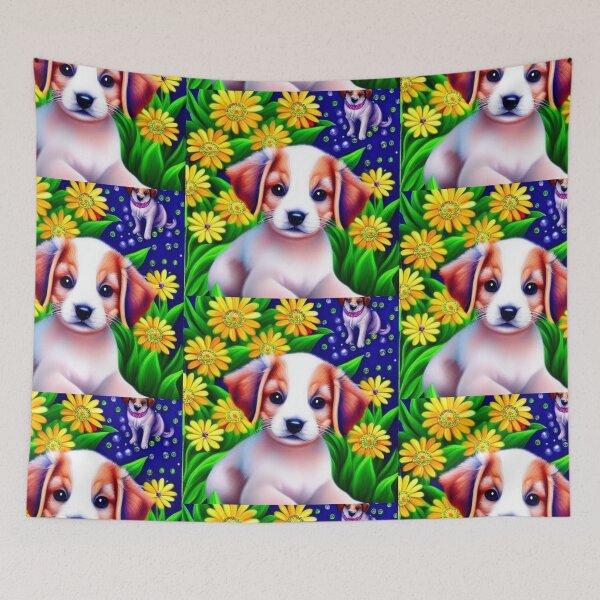 Item preview, Beautiful Puppy Oil Painting with flowers in background designed and sold by ManifestoDesign.