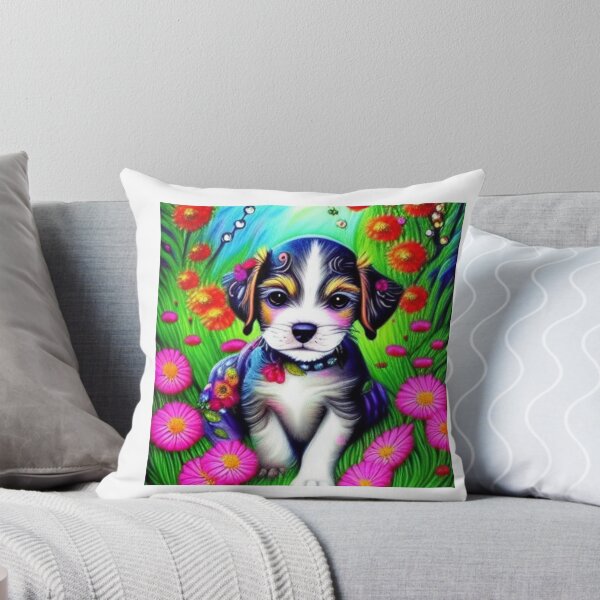 Item preview, Beautiful Puppy Oil Painting with flowers in background designed and sold by ManifestoDesign.