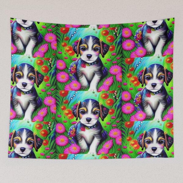 Item preview, Beautiful Puppy Oil Painting with flowers in background designed and sold by ManifestoDesign.