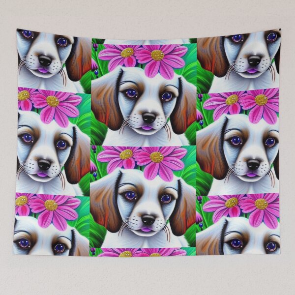 Item preview, Beautiful White Puppy Oil Painting with flowers in background designed and sold by ManifestoDesign.