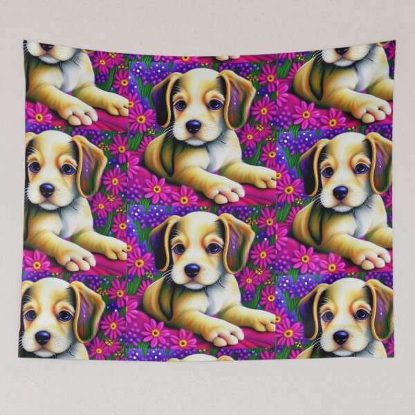 Item preview, Beautiful Puppy Oil Painting with flowers in background designed and sold by ManifestoDesign.
