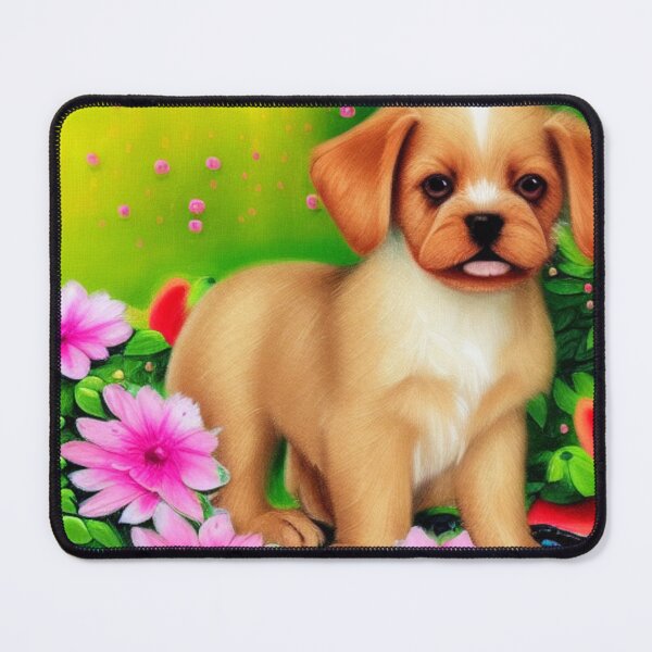 Item preview, Beautiful Puppy Oil Painting with flowers in background designed and sold by ManifestoDesign.