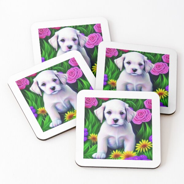 Item preview, Beautiful White Puppy Oil Painting with flowers in background designed and sold by ManifestoDesign.