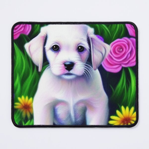 Item preview, Beautiful White Puppy Oil Painting with flowers in background designed and sold by ManifestoDesign.