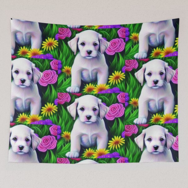 Item preview, Beautiful White Puppy Oil Painting with flowers in background designed and sold by ManifestoDesign.