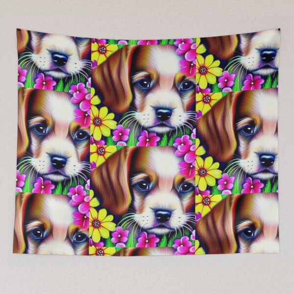 Item preview, Beautiful Puppy Oil Painting with flowers in background designed and sold by ManifestoDesign.