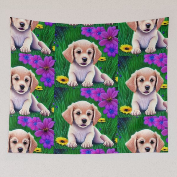 Item preview, Beautiful Puppy Oil Painting with flowers in background designed and sold by ManifestoDesign.