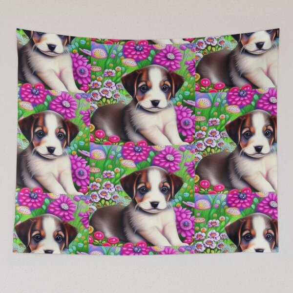Item preview, Beautiful Puppy Oil Painting with flowers in background designed and sold by ManifestoDesign.
