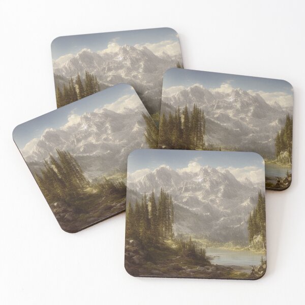 Item preview, Landscape Illustration of a sweeping mountain range under a cloudy blue sky. In front of the viewer is a river and a hill path adorned with stones and alpine trees. designed and sold by Bookwyrm-Bazaar.