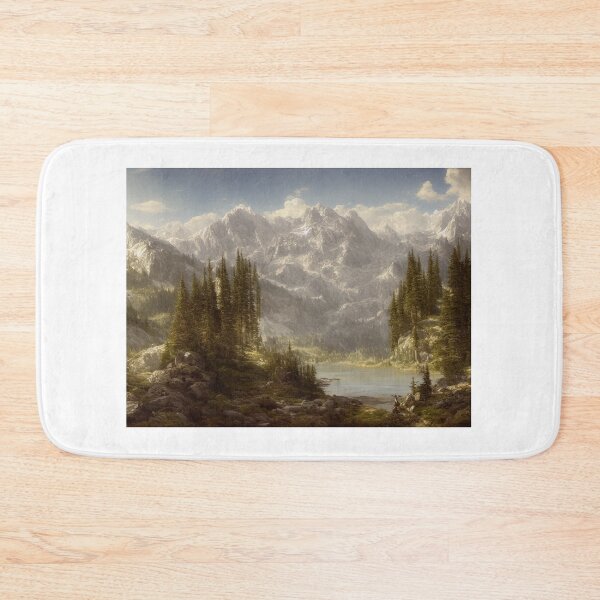 Item preview, Landscape Illustration of a sweeping mountain range under a cloudy blue sky. In front of the viewer is a river and a hill path adorned with stones and alpine trees. designed and sold by Bookwyrm-Bazaar.