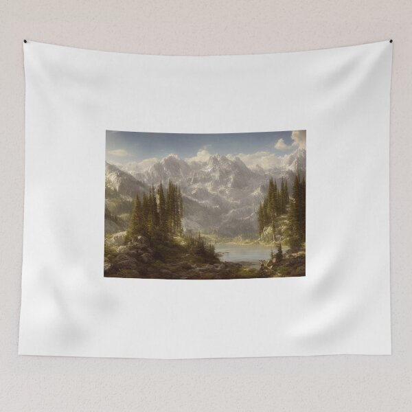 Item preview, Landscape Illustration of a sweeping mountain range under a cloudy blue sky. In front of the viewer is a river and a hill path adorned with stones and alpine trees. designed and sold by Bookwyrm-Bazaar.