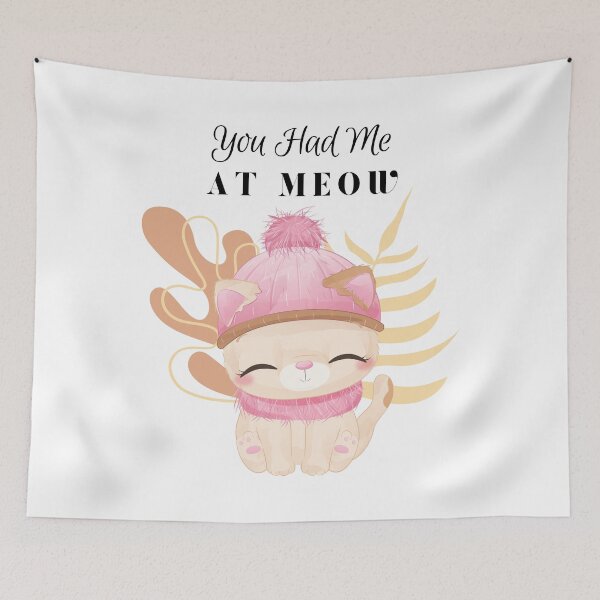 Item preview, You Had Me at Meow - Pink calm cat cartoon with hat, and scarf - cat - boho pink, and brown abstract background - cartoon aesthetic - Adorable designed and sold by Mechanical-Artt.