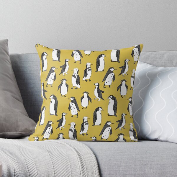Penguins - Mustard by Andrea Lauren Throw Pillow