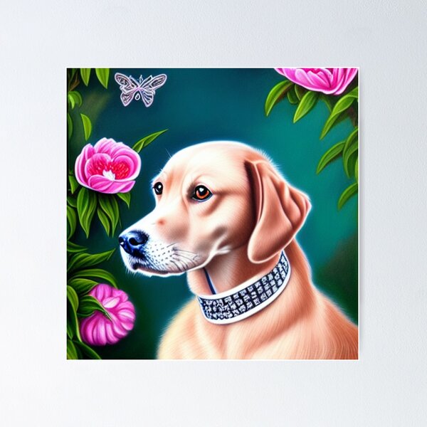 Item preview, Beautiful Gold Retriever Cartoon Character Oil Painting with flowers in background designed and sold by ManifestoDesign.