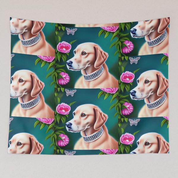 Item preview, Beautiful Gold Retriever Cartoon Character Oil Painting with flowers in background designed and sold by ManifestoDesign.