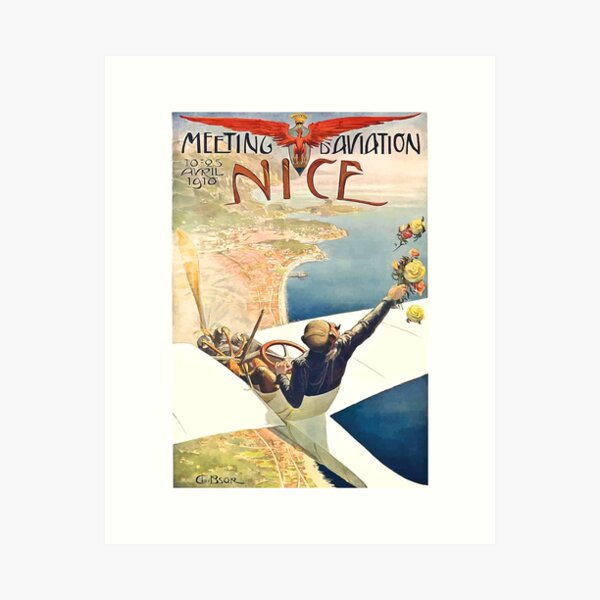 Aperçu de l'œuvre Affiche publicitaire 1910 Meeting d'Aviation Nice France créée et vendue par retrographics.