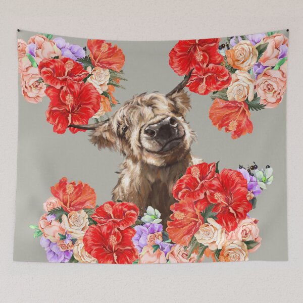 Item preview, Highland Cow in Vintage Hibiscus Garden designed and sold by bignosework.