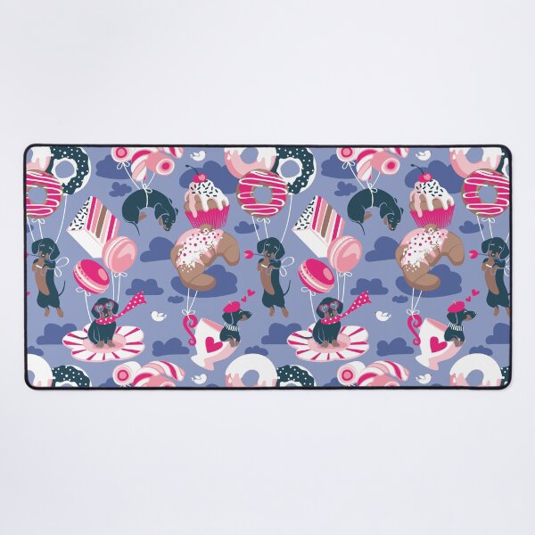 Item preview, Pastel café sweet love dream // indigo blue background fuchsia pink pastry details blue dachshund dog puppies designed and sold by SelmaCardoso.