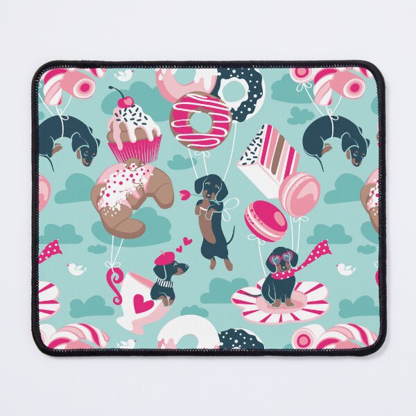 Item preview, Pastel café sweet love dream // aqua background fuchsia pink pastry details blue dachshund dog puppies designed and sold by SelmaCardoso.