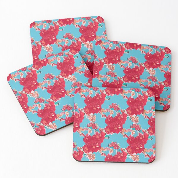 Item preview, Red flower patterns and blue background designed and sold by ArteEterno.