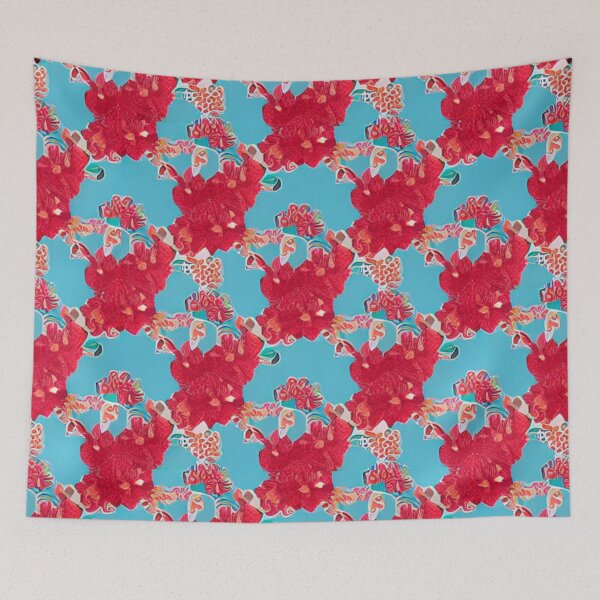 Item preview, Red flower patterns and blue background designed and sold by ArteEterno.