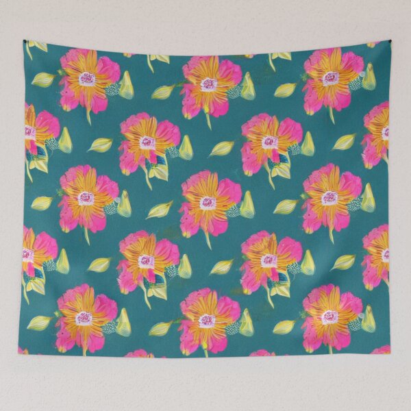 Item preview, Orange flower patterns with pink petals and green background designed and sold by ArteEterno.