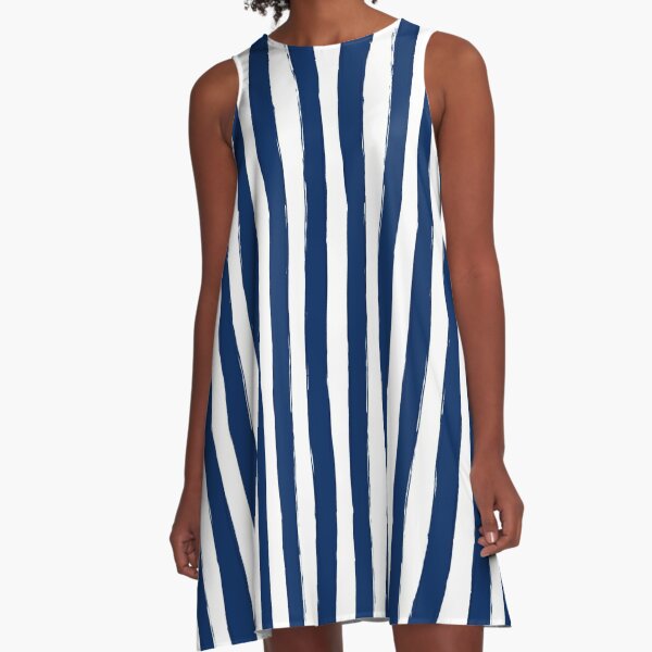 Preppy Nautical Blue and White Cabana Stripes A-Line Dress