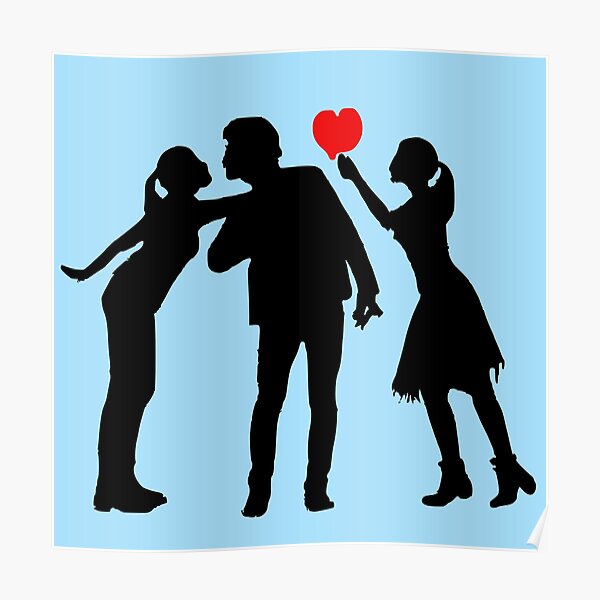Polyamory: three people in love on blue Poster
