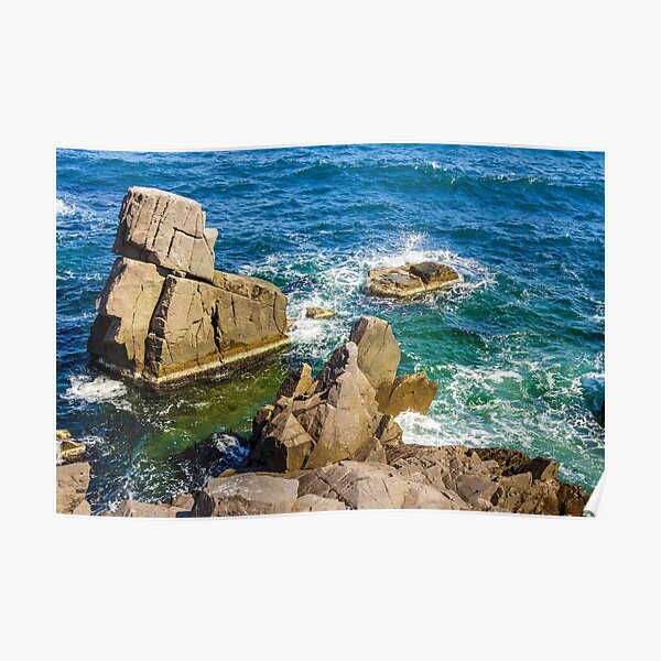 sea wave breaks about rocky shore Poster