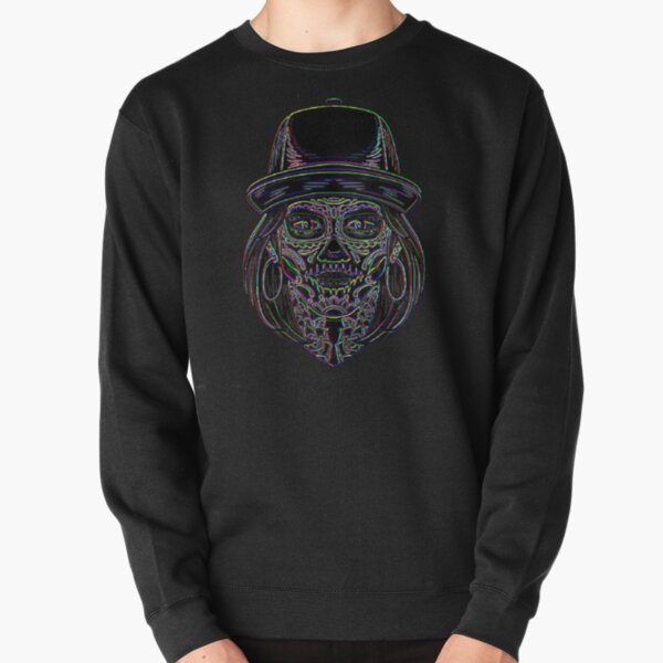 Colorful Sugar Skull Woman With Hat Pullover Sweatshirt