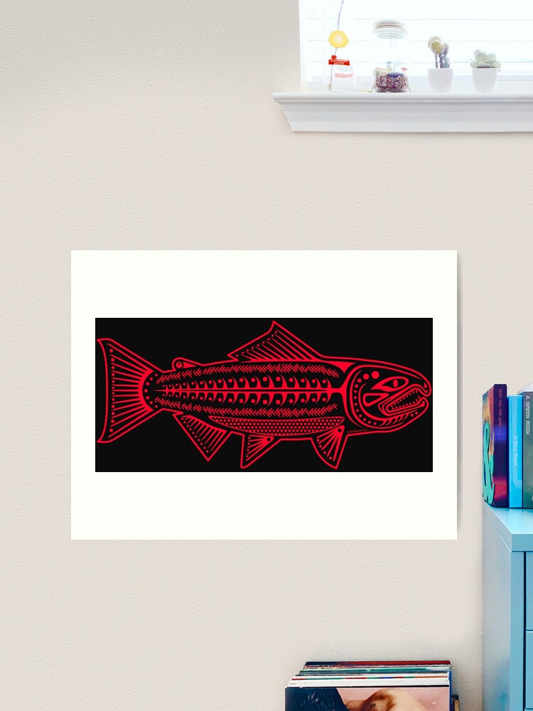 Native Retro Chinook Salmon : Red Ink Art Print for Sale by