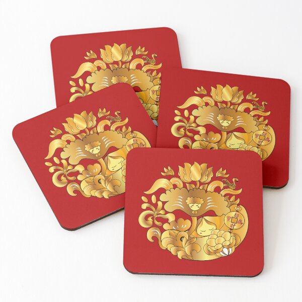 Item preview, Golden Lotus and Yuanbao, Flower Leaf and Seeds Full Print in Red designed and sold by Moyanana.