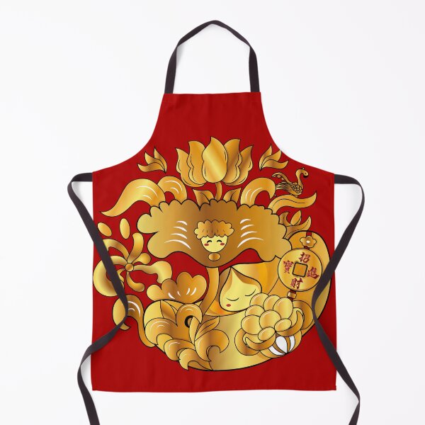 Item preview, Golden Lotus and Yuanbao, Flower Leaf and Seeds Full Print in Red designed and sold by Moyanana.