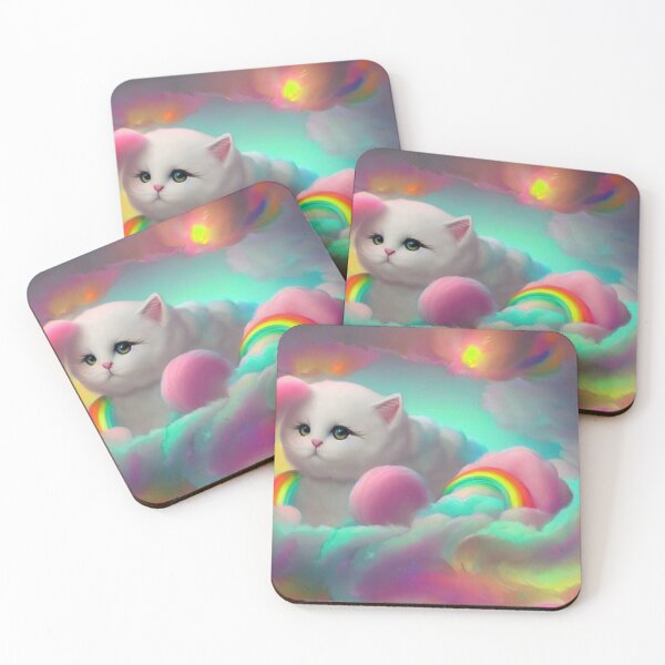 Item preview, Cute white cat in rainbow cotton candy clouds  designed and sold by MagicStrawberry.