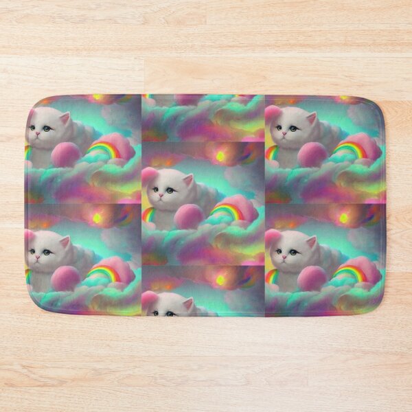 Item preview, Cute white cat in rainbow cotton candy clouds  designed and sold by MagicStrawberry.