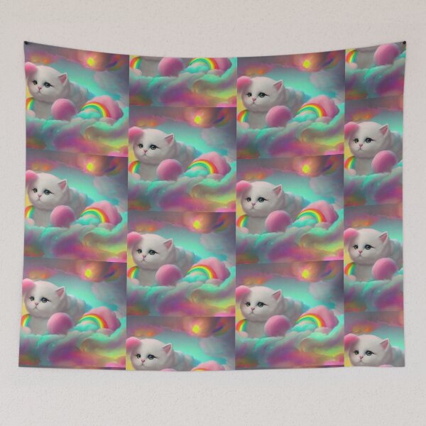 Item preview, Cute white cat in rainbow cotton candy clouds  designed and sold by MagicStrawberry.