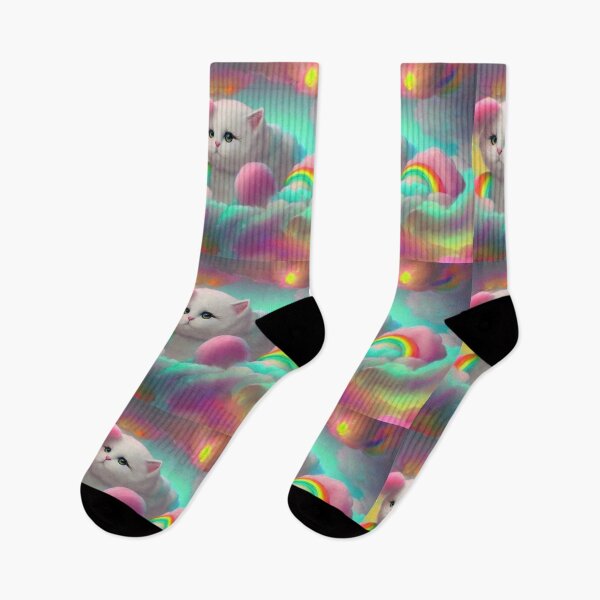 Item preview, Cute white cat in rainbow cotton candy clouds  designed and sold by MagicStrawberry.