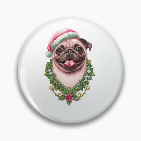 Item preview, Merry Christmas and happy holidays! Christmas Pug - Pug Dog Wearing a Santa Hat and a Holiday Lei Made of Holly and Poinsettia designed and sold by Bookwyrm-Bazaar.