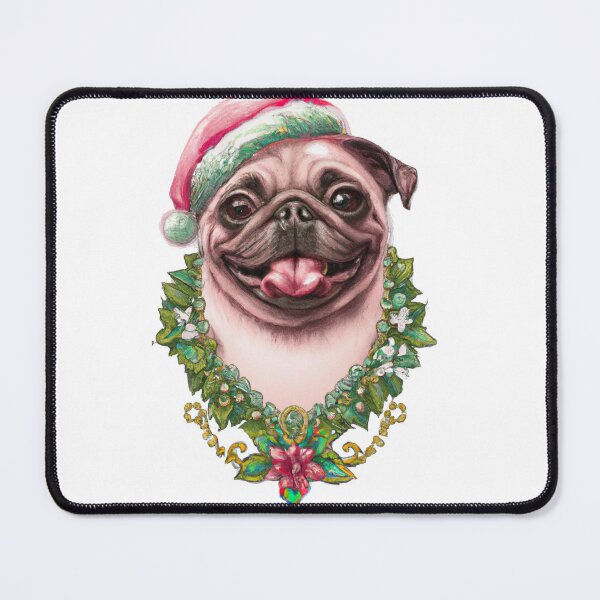 Item preview, Merry Christmas and happy holidays! Christmas Pug - Pug Dog Wearing a Santa Hat and a Holiday Lei Made of Holly and Poinsettia designed and sold by Bookwyrm-Bazaar.