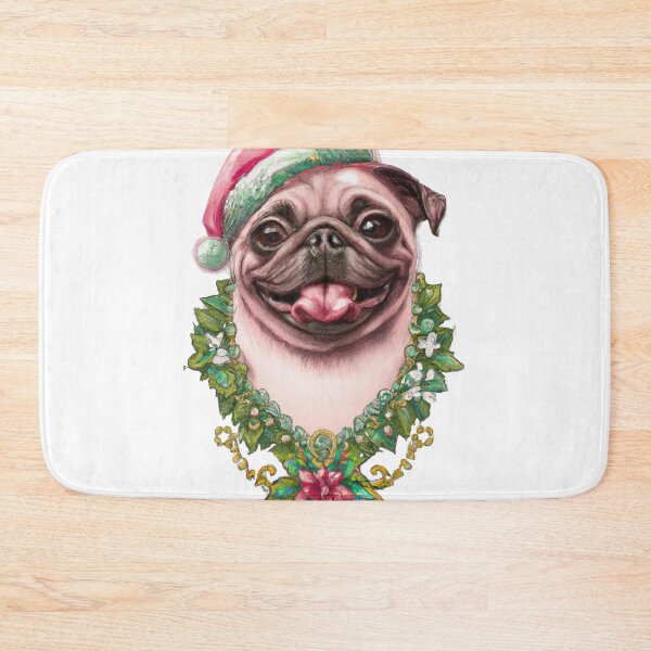 Item preview, Merry Christmas and happy holidays! Christmas Pug - Pug Dog Wearing a Santa Hat and a Holiday Lei Made of Holly and Poinsettia designed and sold by Bookwyrm-Bazaar.