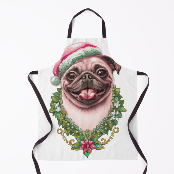 Item preview, Merry Christmas and happy holidays! Christmas Pug - Pug Dog Wearing a Santa Hat and a Holiday Lei Made of Holly and Poinsettia designed and sold by Bookwyrm-Bazaar.