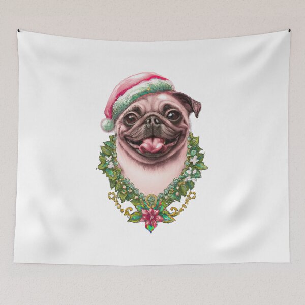 Item preview, Merry Christmas and happy holidays! Christmas Pug - Pug Dog Wearing a Santa Hat and a Holiday Lei Made of Holly and Poinsettia designed and sold by Bookwyrm-Bazaar.
